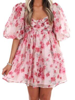 Sofie The Label Sheer Pink Floral Puff Sleeve Mini Dress Size Large